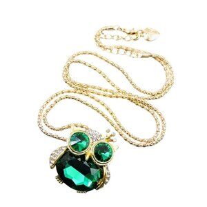 Betsey Johnson Necklace Brooch Green Crystal Owl Pendant Gold Tone